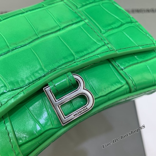 Balenciaga專櫃爆款手提女包 巴黎世家鱷魚紋牛皮新綠色銀扣mini Hourglass沙漏包 fyj1004